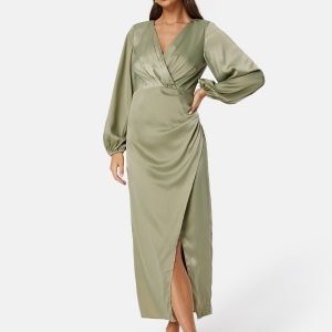 Bubbleroom Occasion L/S wrap satin midi dress Green XL