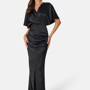 Bubbleroom Occasion Wrap Satin Gown Black 36