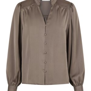 Neo Noir - Bluse - Massima Drapy Satin Blouse - Dark Taupe