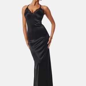 Goddiva Satin Lace Trim Maxi Dress Black L (UK14)