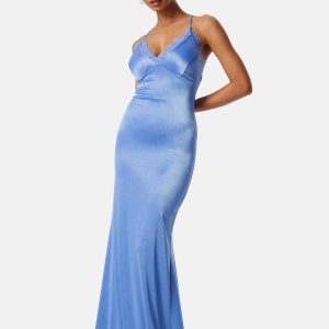 Goddiva Satin Lace Trim Maxi Dress Cornflower Blue XS (UK8)