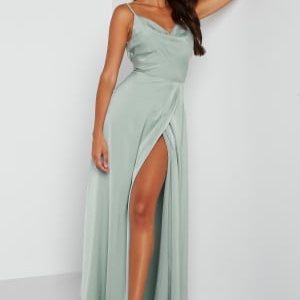Bubbleroom Occasion Waterfall Slit Satin Gown Dusty green 38